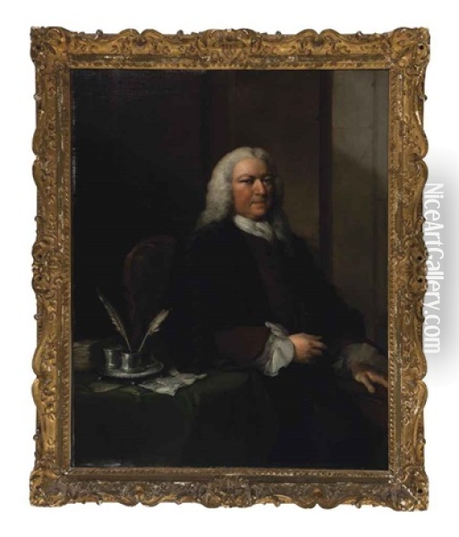 Portrait Of An Academic, Three-quarter Length, In A Brown Coat And Academic Gown, Leaning On A Table Oil Painting - Thomas Frye