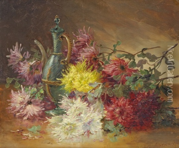 Blumenstillleben Mit Chrysanthemen Oil Painting - Edmond Van Coppenolle