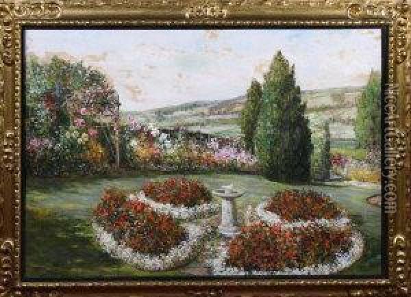 A Summer Garden With Ornamental Flower Beds And A Bird Bath Oil Painting - John Falconar Slater