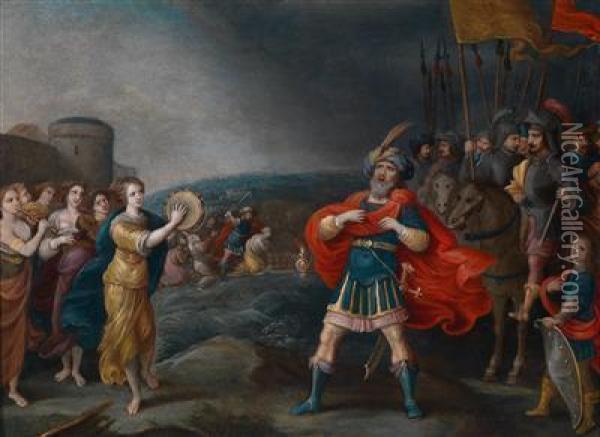 Der Siegreiche Feldherr Jephta Begegnet Seiner Tochter Oil Painting - Hieronymous III Francken