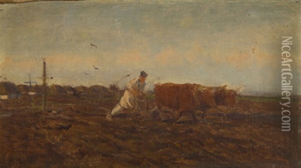Ploughing Oil Painting - Josef Chelmonski