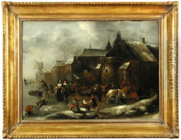 River Scene With Skaters On A Frozen River Oil Painting - Nicolaes Molenaer