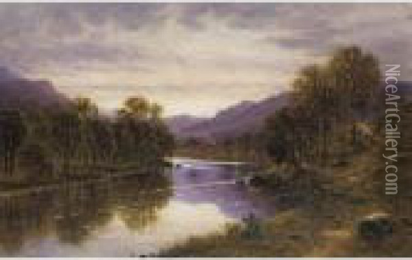 Figures Walking Beside A River At Sunset Oil Painting - Waller Hugh Paton