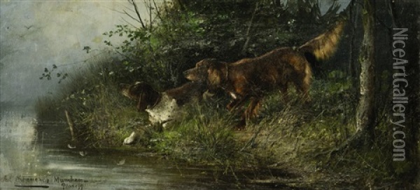 Zwei Jagdhunde Am Ufer Oil Painting - Julius Scheuerer