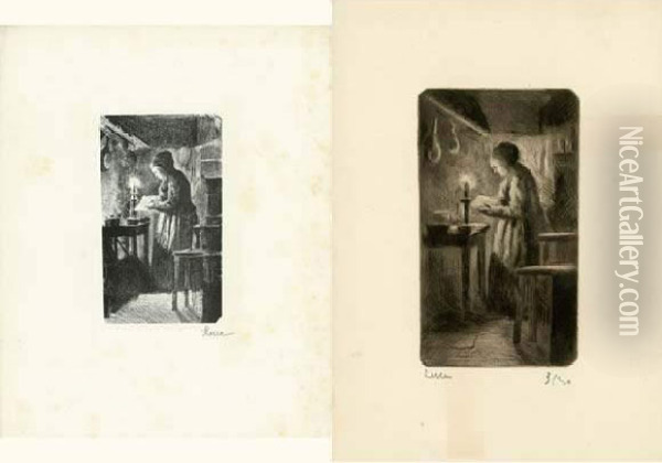 [femme Debout Dans Une Cuisine, Lisant A La Lueur D'une Bougie]. Vers 1890. Oil Painting - Maximilien Luce