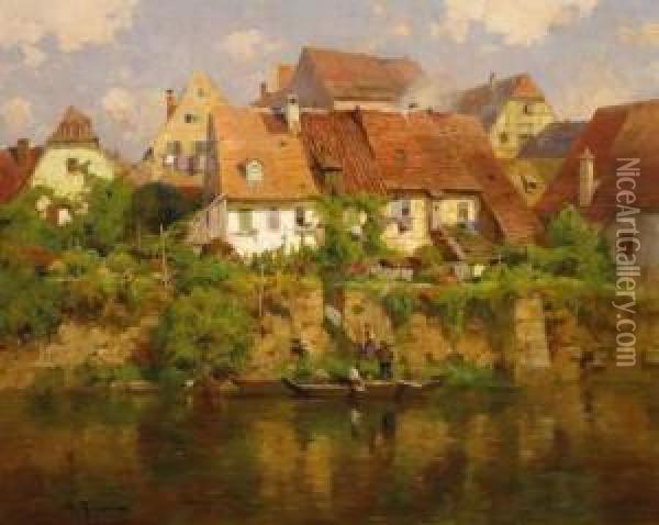 Village By A River Oil Painting - Gustav Adolf Thamm