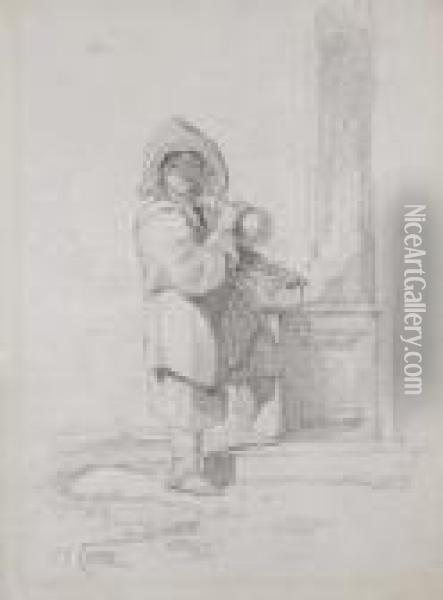 A Pedlar Boy Standing By A Column Oil Painting - John Sell Cotman