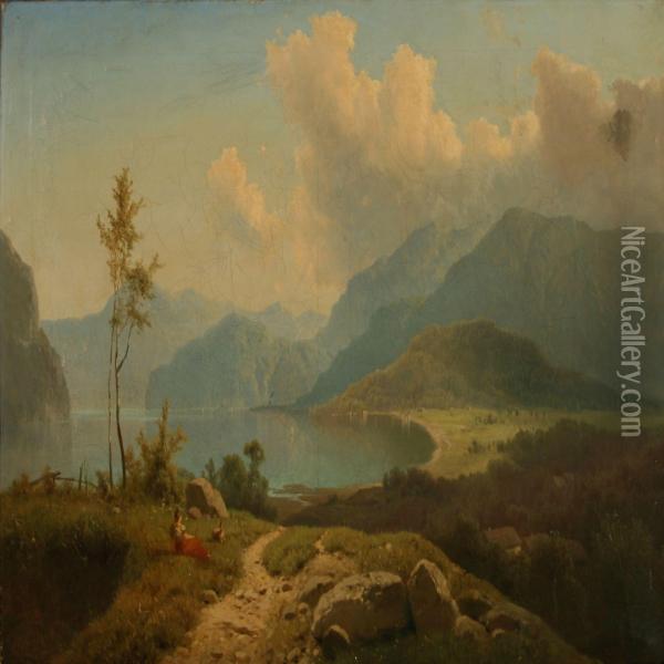 View From Konigssee With St. Bartholomew's Church
Near The Coast. Oil Painting - Adolf Chwala