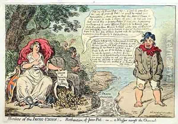 Horrors of the Irish Union Botheration of Poor Pat or A Whisper across the Channel Oil Painting - James Gillray