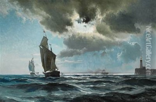 Seascape With Ships Near A Pier At Night Oil Painting - Carl Johann Neumann