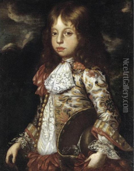 Portrait Of A Young Boy, Half 
Length, Wearing A Richly Embroidered Coat And Holding A Hat Oil Painting - Vittore Ghislandi
