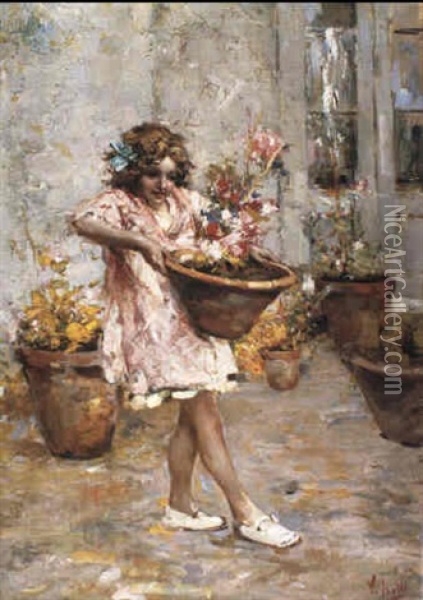 Portrait Of A Girl Moving Flowerpots Oil Painting - Vincenzo Irolli
