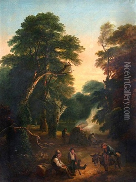 Charcoal Burners In A Woodland Clearing Oil Painting - John Joseph (of Bath) Barker
