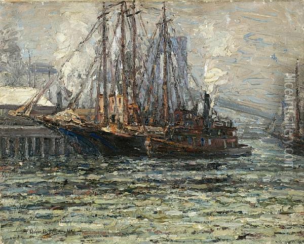 Shipping Under The Brooklyn Bridge Oil Painting - Frederick Usher Devoll