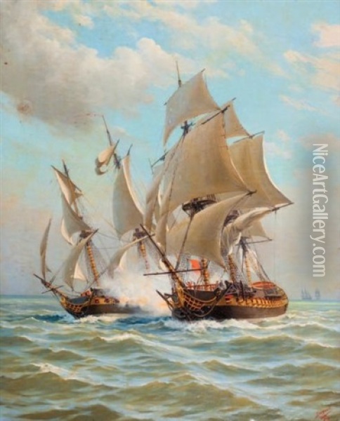 Bcombat Naval Oil Painting - Adolphe Carbon
