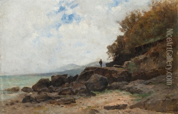 Felsige Uferlandschaft Mit Fischer Oil Painting - Gustave Castan