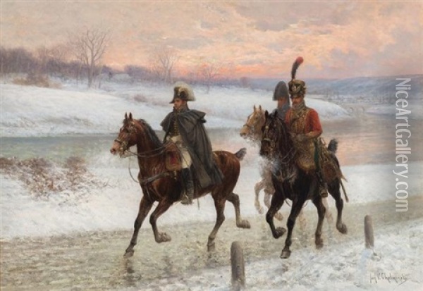 Napoleon And Two Of His Marshalls, Mounted, On The Retreat From Moscow Oil Painting - Jan van Chelminski