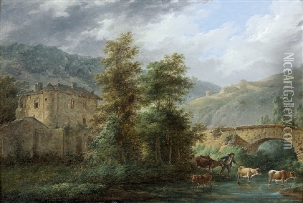 Berger Et Son Troupeau Aux Abords D'une Riviere Sous Un Pont Oil Painting - Louis Gabriel Moreau the Elder