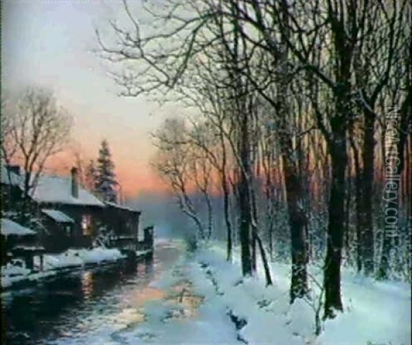 Vinterlandskab Med Huse Og Traeer Ved Floden Isar, Munchen Oil Painting - Anders Andersen-Lundby