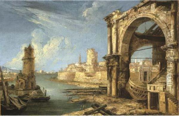 A Capriccio Of Roman Buildings With A Shipyard By A Lagoon Oil Painting - Michele Marieschi