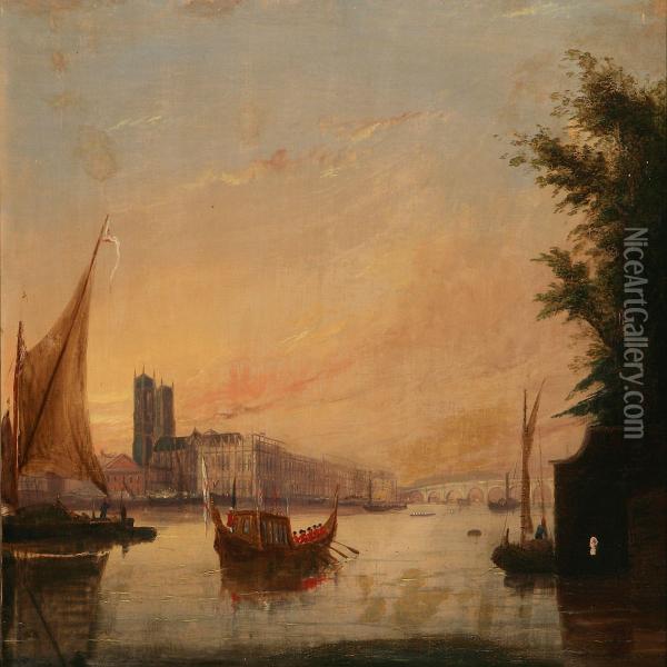 View Of The Thameslooking Across To Westminster Oil Painting - Frederick Calvert