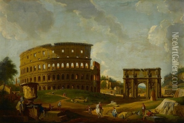 A Capriccio View With The Colosseum And The Arch Of Constantine Oil Painting - Giovanni Paolo Panini