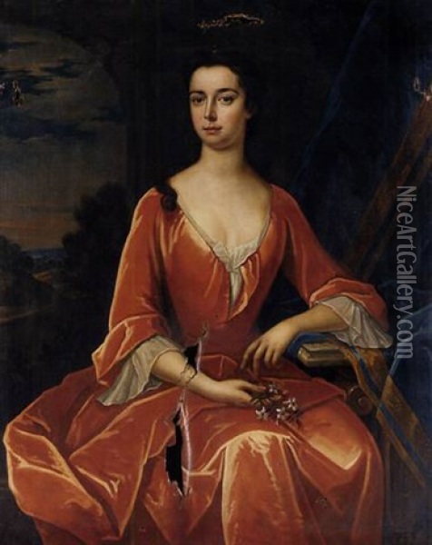 Portrait Of A Lady, (the Wife Of Captain Hercules Baker?), In A Red Dress, Holding Flowers In Her Right Hand Oil Painting - Thomas Murray