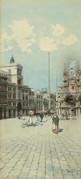 Activities On Piazza St. Marco, Venice Oil Painting - Camillo, Millo Bortoluzzi
