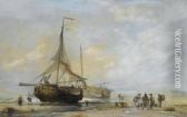 Fisherfolk On A Dutch Beach Oil Painting - Alfred Herbert