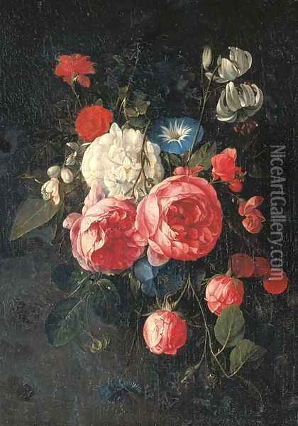 A swag of roses, peonies, morning glories and other flowers Oil Painting - Cornelis De Heem