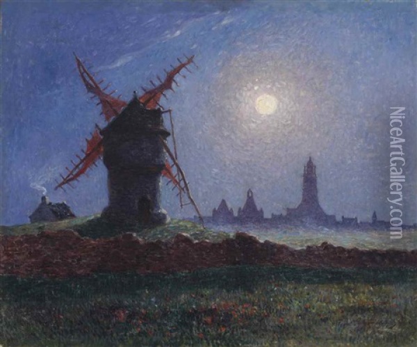 Moulin De La Masse Au Clair De Lune (bourg De Batz) Oil Painting - Ferdinand du Puigaudeau
