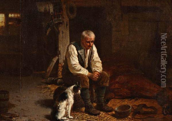 Stalinterieur Met Man En Hond Bij Liggend Paard Oil Painting - Hendrik Jacobus Scholten