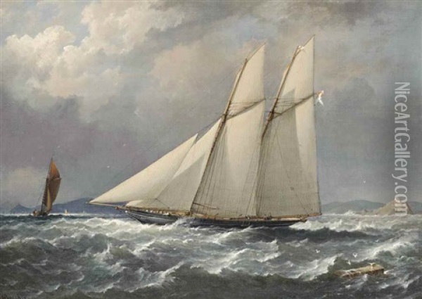 Lord Colville's Schooner Yacht Volage, Flying The Colours Of The Royal Yacht Squadron, Close-hauled And Heading Down The Channel Past The Mewstone Rock Oil Painting - Richard Brydges Beechey