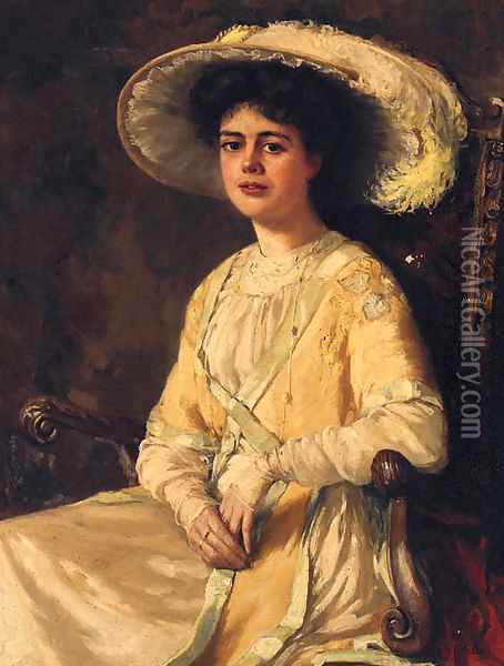 Portrait Of An Elegant Lady, Seated Three-Quarter-Length, Wearing A Plumed Hat Oil Painting - Hans Dahl