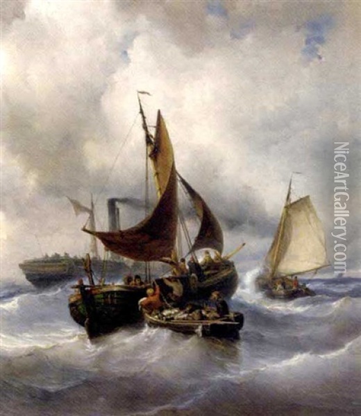 Unloading The Catch In Stormy Weather Oil Painting - Johan Hendrik Meyer