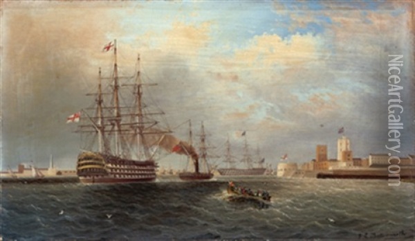 Die "victory" Im Hafen Von Portsmouth Oil Painting - James Edward Buttersworth