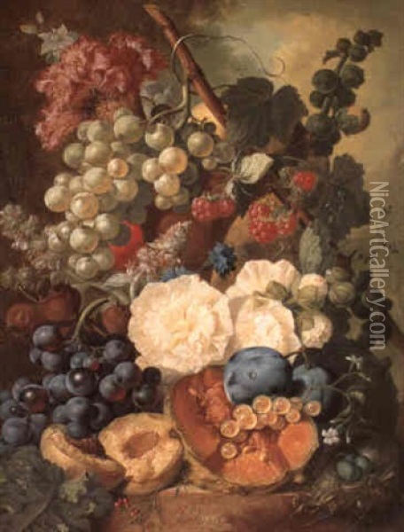Still Life Of Flowers With Grapes, A Peach, A Melon And     Plums Oil Painting - Jan van Os