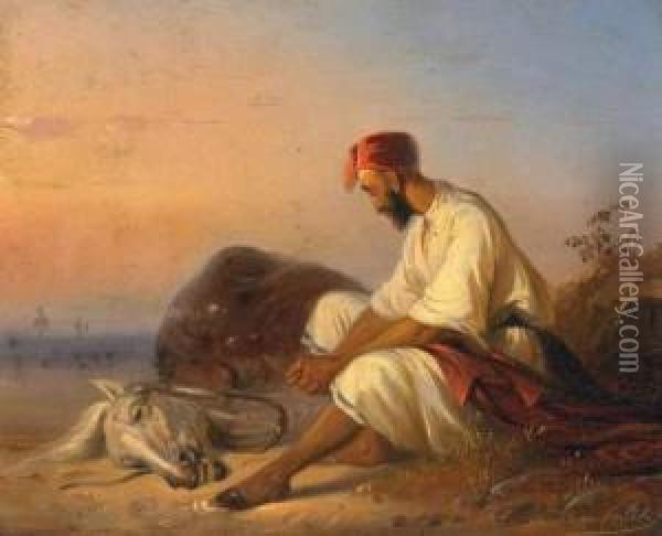 Arab And His Horse Oil Painting - Raden Sjarief B. Saleh