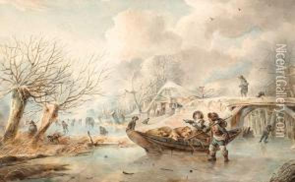 Hustle And Bustle On The Ice Oil Painting - Abraham Adrianus Vermeulen