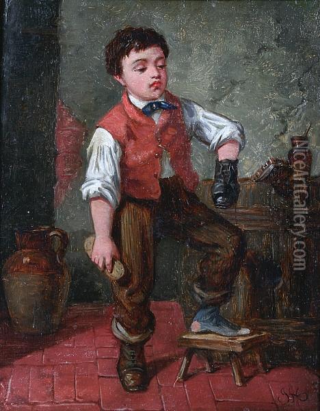 Young Boy Polishing Shoes Oil Painting - Charles, Hunt Jnr.