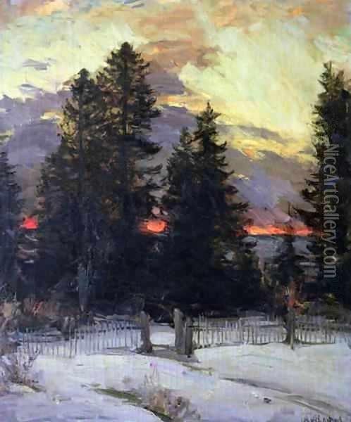 Sunset over a Winter Landscape Oil Painting - Abram Efimovich Arkhipov