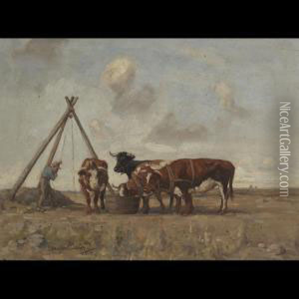 Farmer Watering Bulls At A Trough Oil Painting - Joseph Denovan Adam