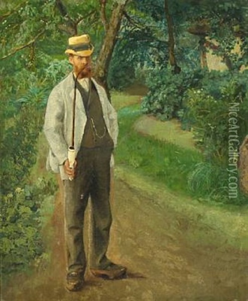 A Farmer Is Smoking His Pibe In The Shadow Oil Painting - Laurits Andersen Ring
