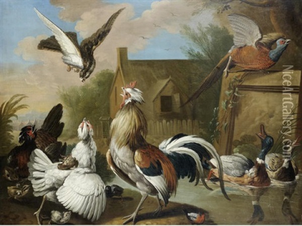 A Cockerel, Hens, A Pheasant, Ducks And Other Birds In A Landscape Oil Painting - Pieter Casteels III