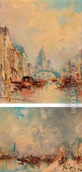 Le Port (+ Canal; 2 Works) Oil Painting - Jean Etienne Karnec