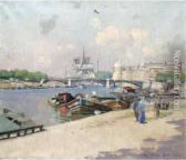 Pont Neuf, Pres Des Halles Aux Vins Au Bord De La Seine Oil Painting - Patrick William Adam