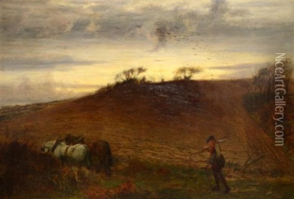 Landscape Scene With Shire Horses And Farm Worker Oil Painting - Charles Edward Johnson