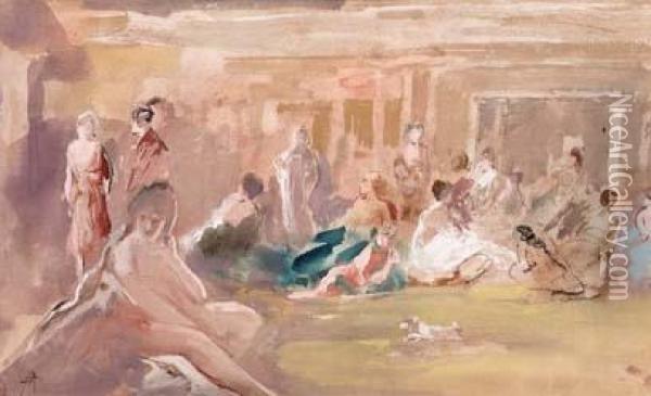 Interno Con Figure Oil Painting - Pompeo Mariani