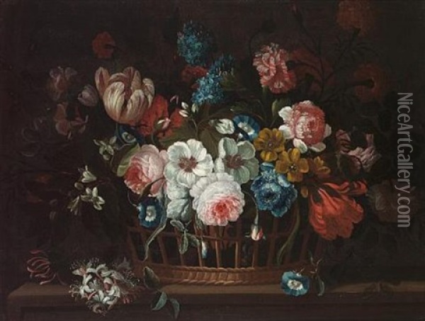 Roses, Carnations, Peonies, Tulips, Morning Glory And Other Flowers In A Basket On A Ledge Oil Painting - Pieter Casteels III