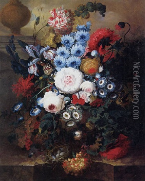 Still Life Of Flowers In A Vase Resting On A Marble Ledge Oil Painting - Jan van Os